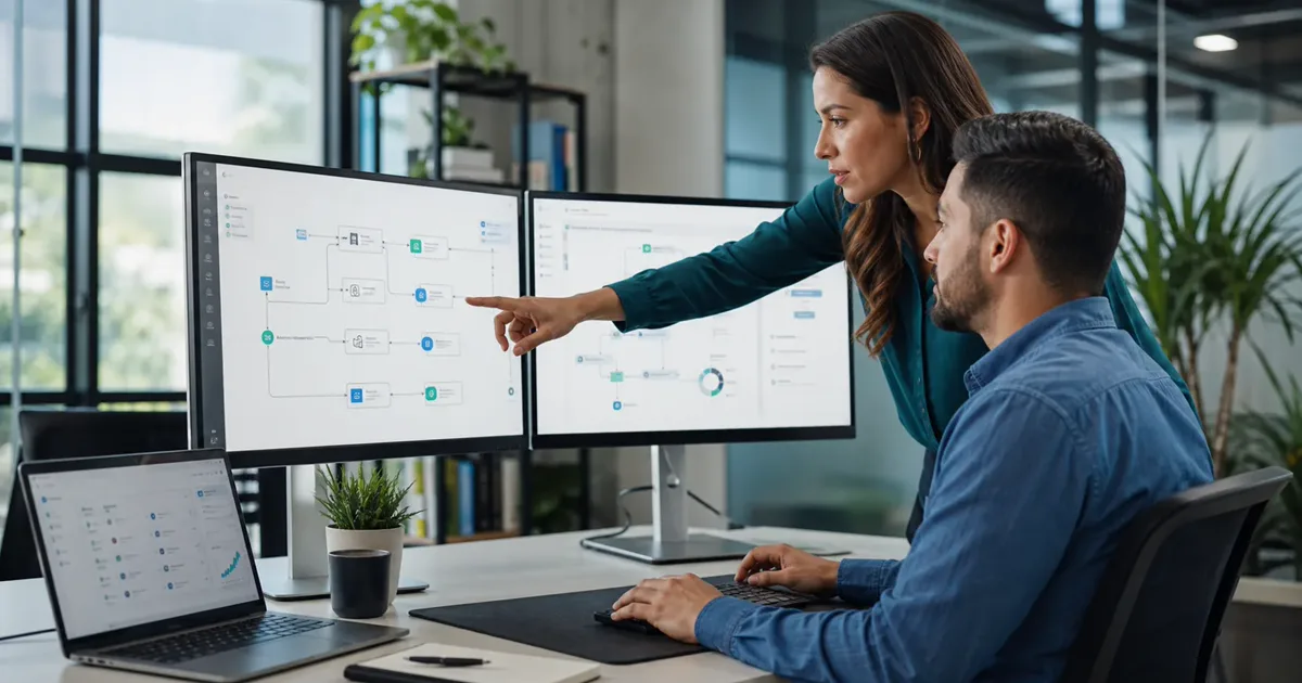 Equipo configurando automatización de marketing, CRM, lead scoring y secuencias multicanal