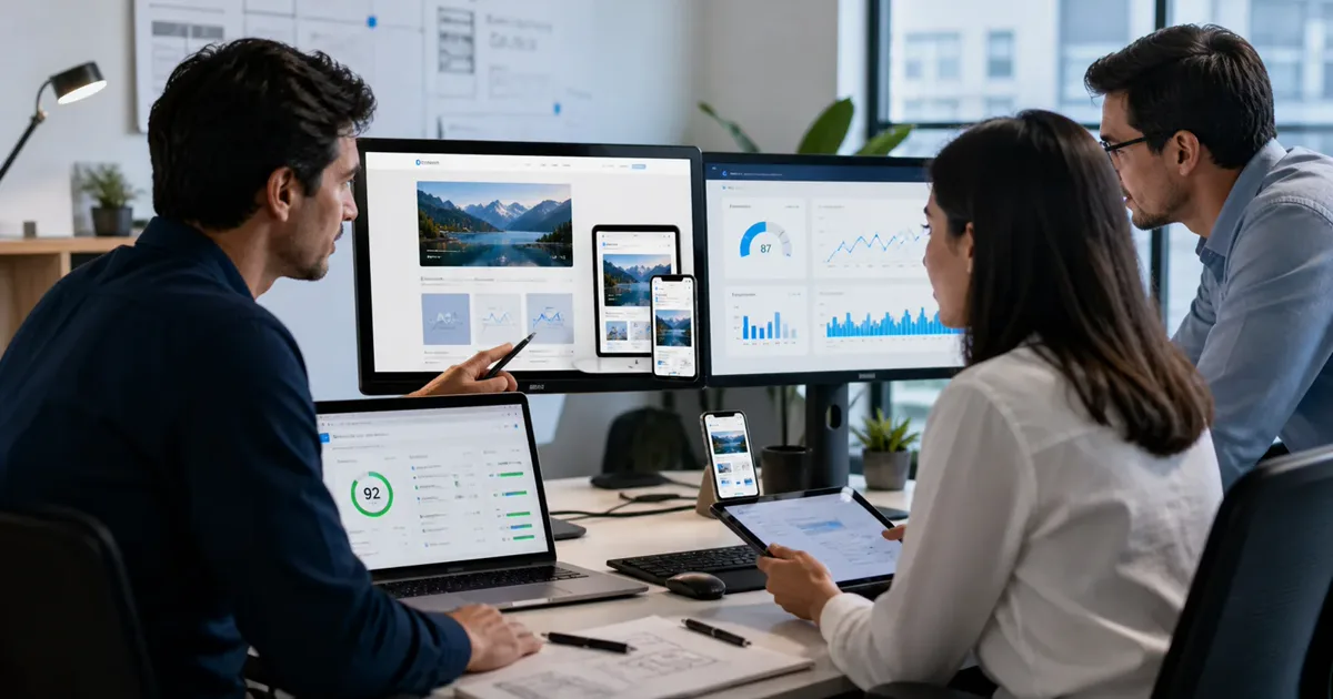 Diseñadores y desarrolladores probando un sitio web responsive, integraciones y rendimiento para una PYME