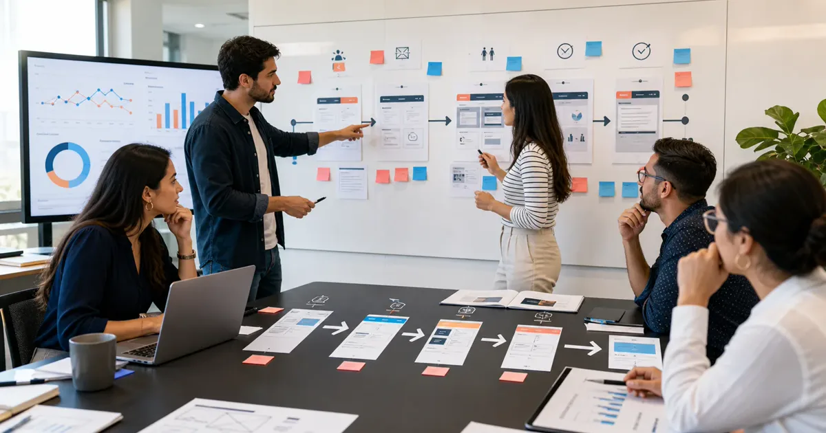 Equipo mapeando un embudo de ventas, customer journey y pruebas de optimización de conversión