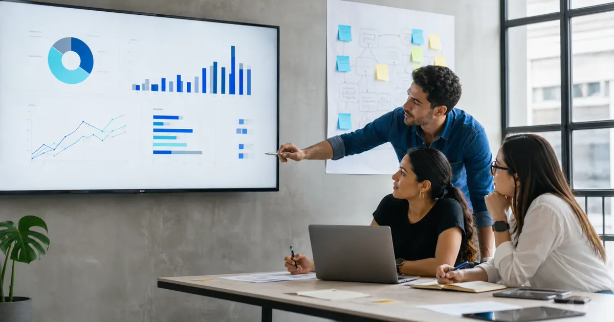 Equipo de una PYME latinoamericana revisando una estrategia de Growth Marketing y métricas de crecimiento