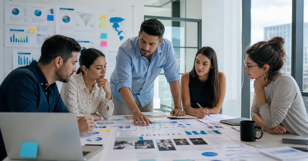 Profesionales analizando investigación de mercado, segmentos de clientes y customer journey para una PYME