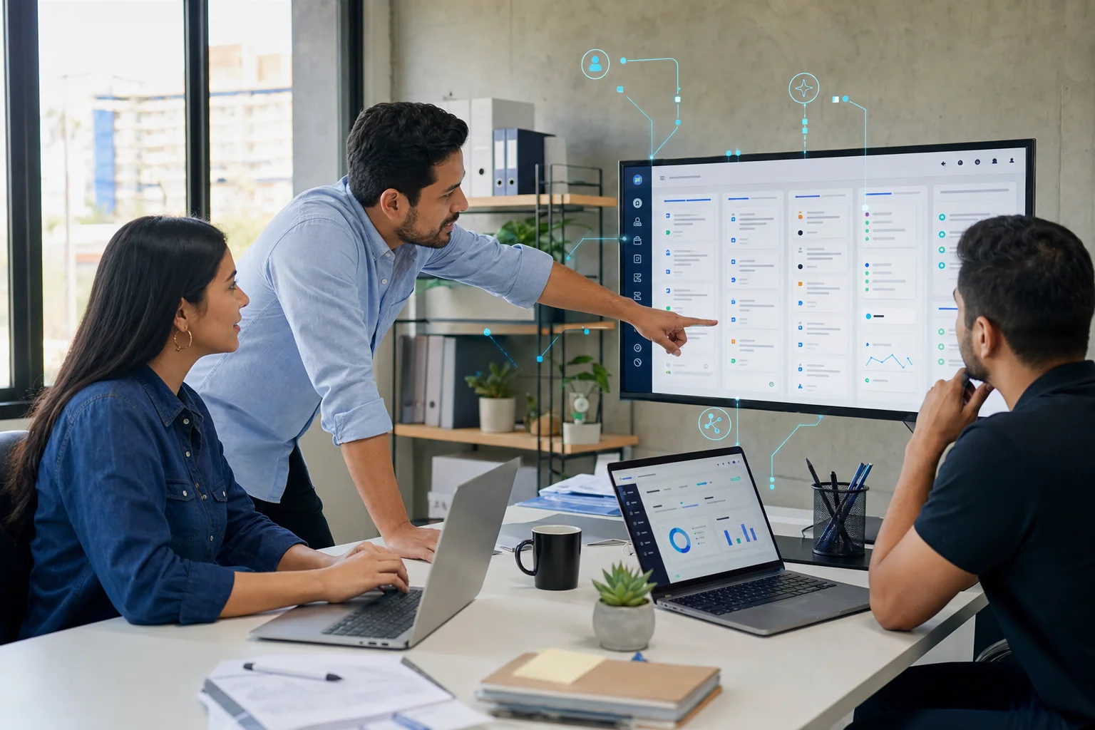 Equipo de una PYME revisando un pipeline de leads y CRM asistido por inteligencia artificial